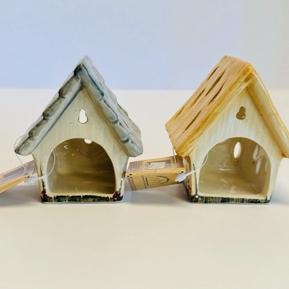 Crazy Mountain Ceramic Birdhouse Tea Light Candle Holders Set of 2 NWT‎